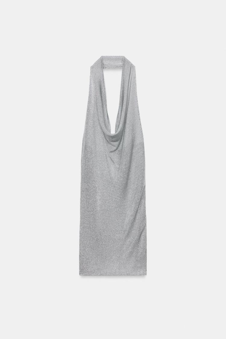 METALLIC THREAD KNIT HALTER DRESS
