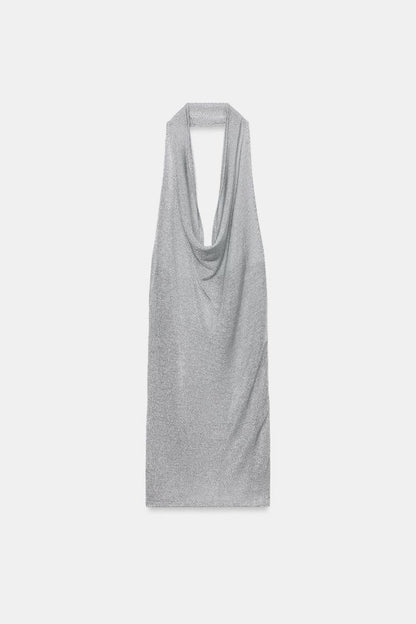 METALLIC THREAD KNIT HALTER DRESS