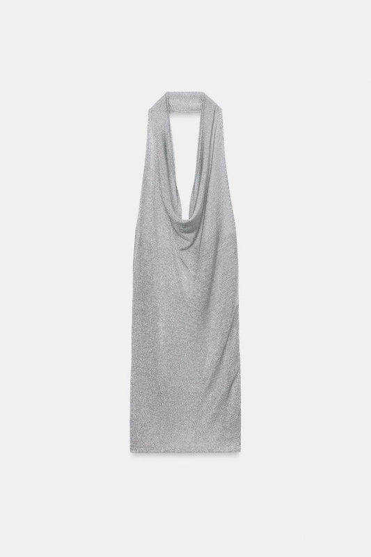 METALLIC THREAD KNIT HALTER DRESS