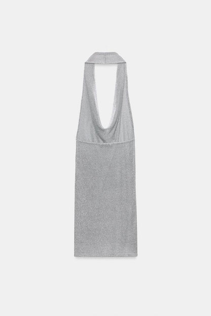 METALLIC THREAD KNIT HALTER DRESS