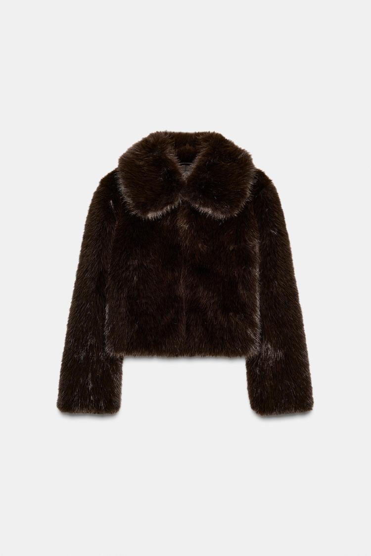 SHORT FAUX FUR COAT WITH LAPEL COLLAR