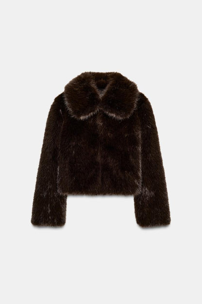 SHORT FAUX FUR COAT WITH LAPEL COLLAR