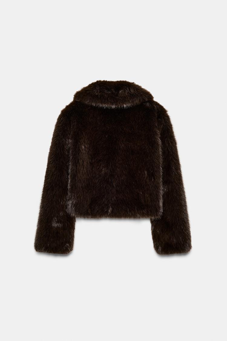 SHORT FAUX FUR COAT WITH LAPEL COLLAR