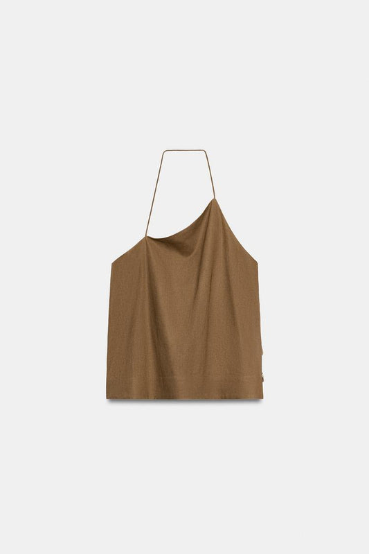 LINEN BLEND HALTER TOP WITH BEADS