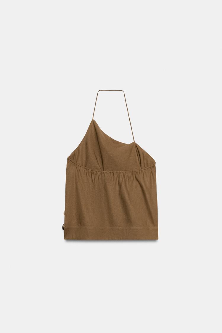 LINEN BLEND HALTER TOP WITH BEADS