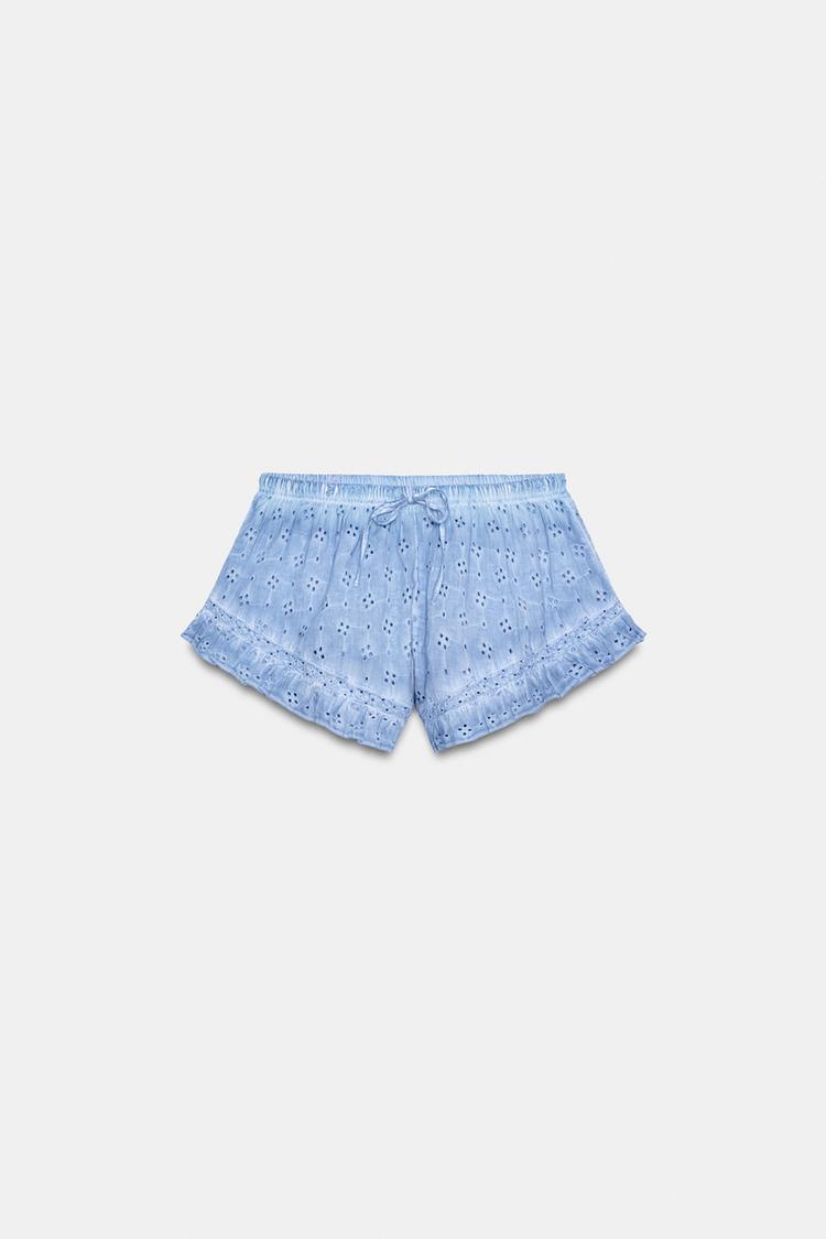 WASHED EFFECT SHORTS WITH CUTWORK EMBROIDERY