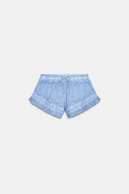 WASHED EFFECT SHORTS WITH CUTWORK EMBROIDERY