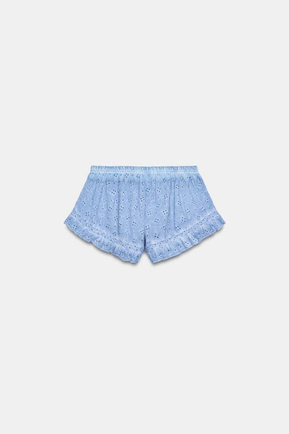 WASHED EFFECT SHORTS WITH CUTWORK EMBROIDERY