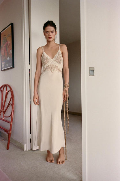 EMBROIDERED BEADED SLIP DRESS