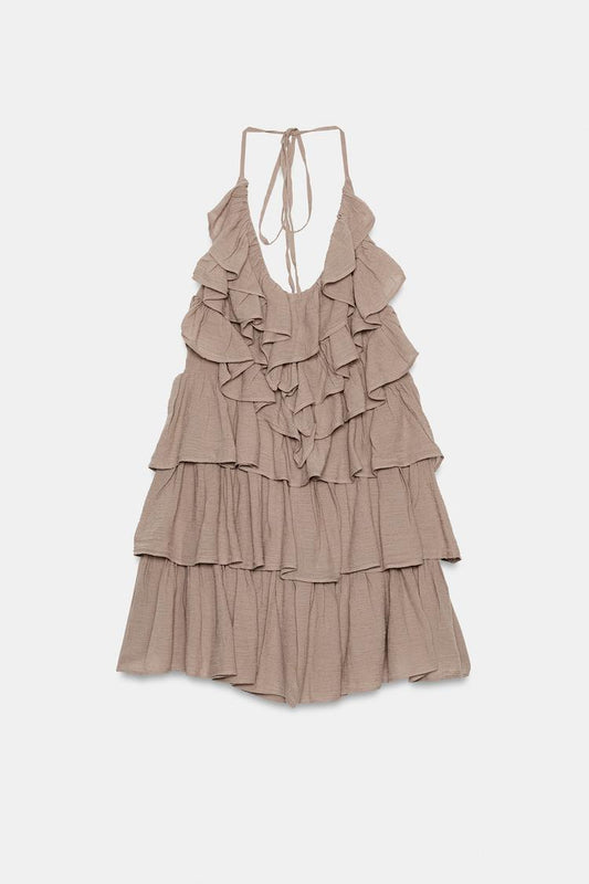 CHIFFON HALTERNECK DRESS WITH RUFFLES
