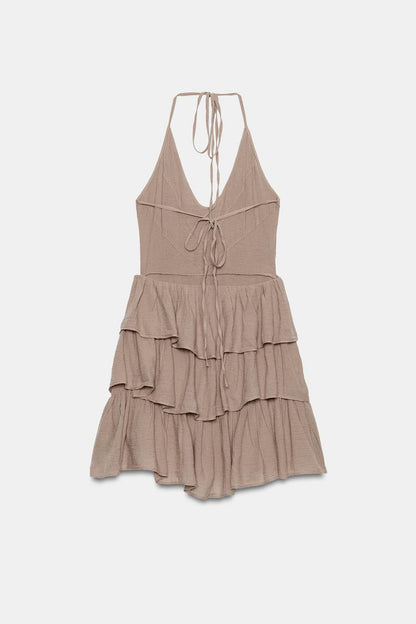 CHIFFON HALTERNECK DRESS WITH RUFFLES