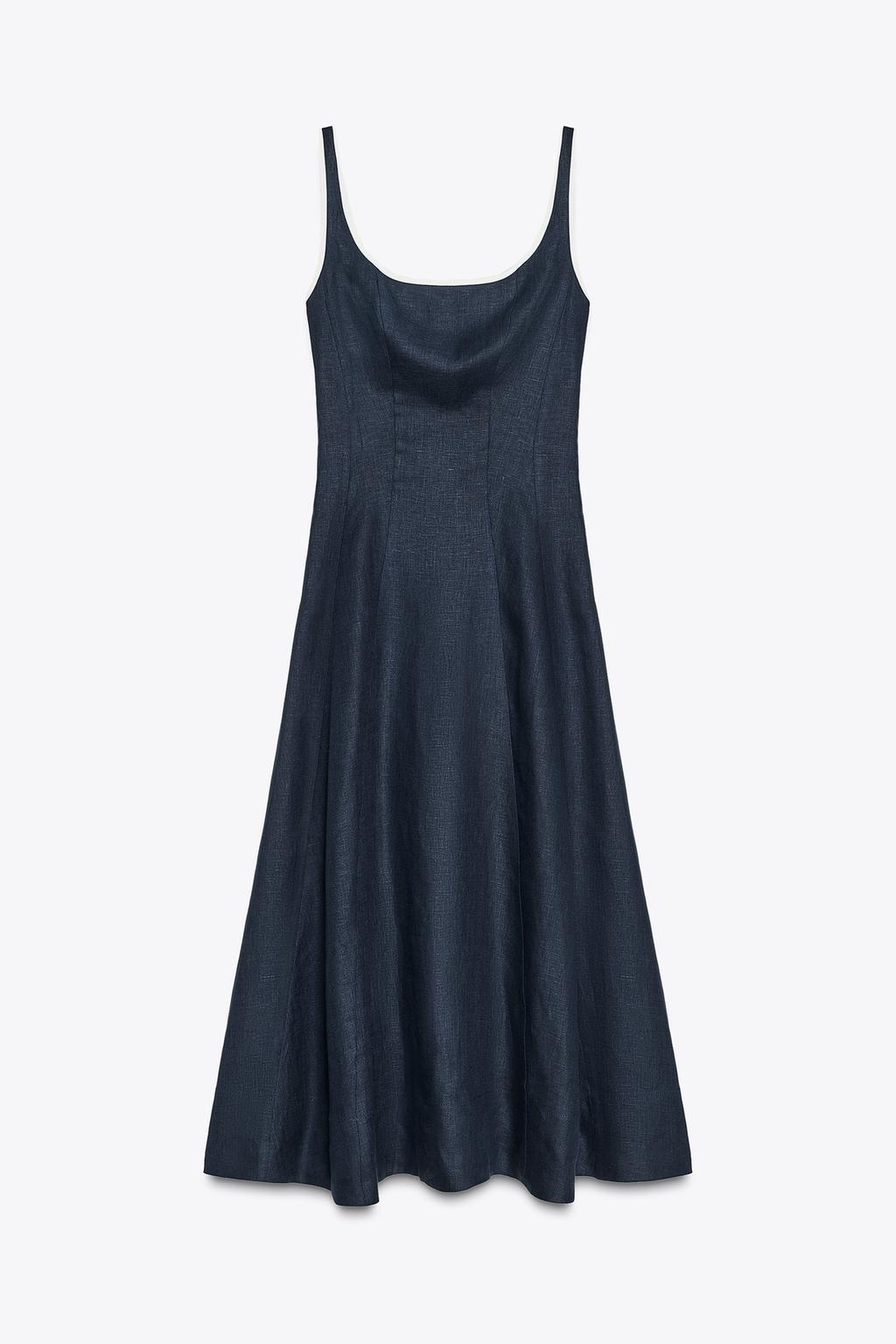 CONTRASTING TRIM LINEN MIDI DRESS
