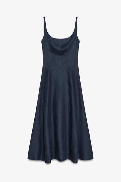 CONTRASTING TRIM LINEN MIDI DRESS