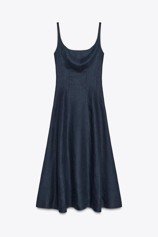 CONTRASTING TRIM LINEN MIDI DRESS