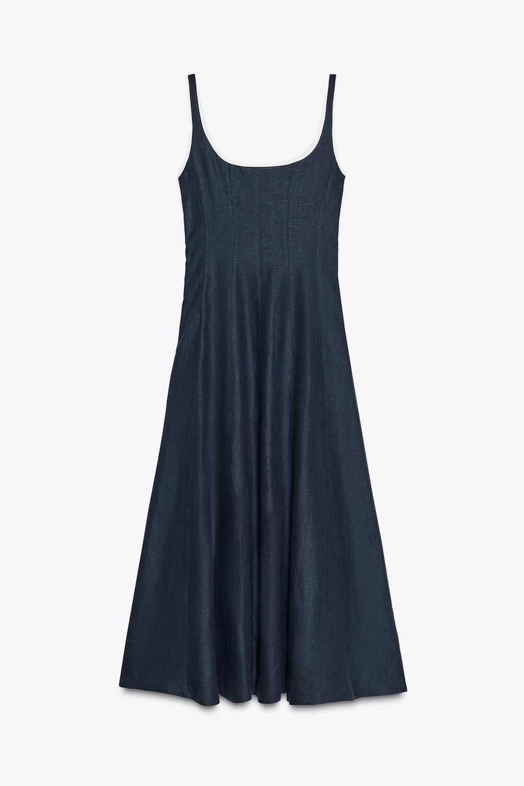CONTRASTING TRIM LINEN MIDI DRESS