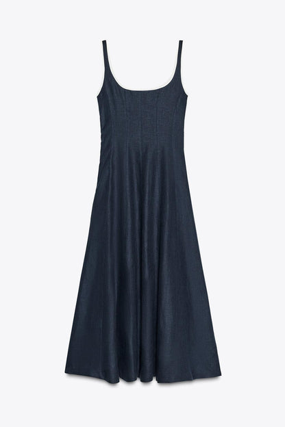 CONTRASTING TRIM LINEN MIDI DRESS