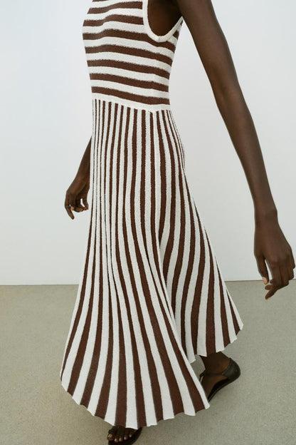 LONG TEXTURED PLEATED STRIPED DRESS