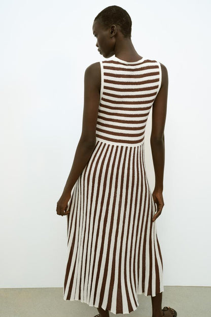 LONG TEXTURED PLEATED STRIPED DRESS