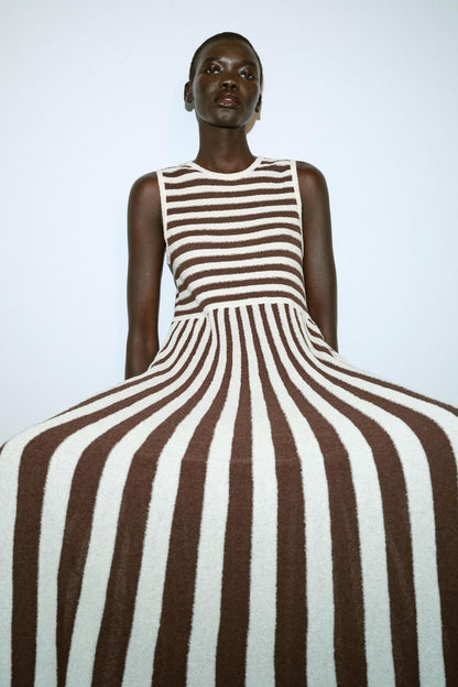 LONG TEXTURED PLEATED STRIPED DRESS