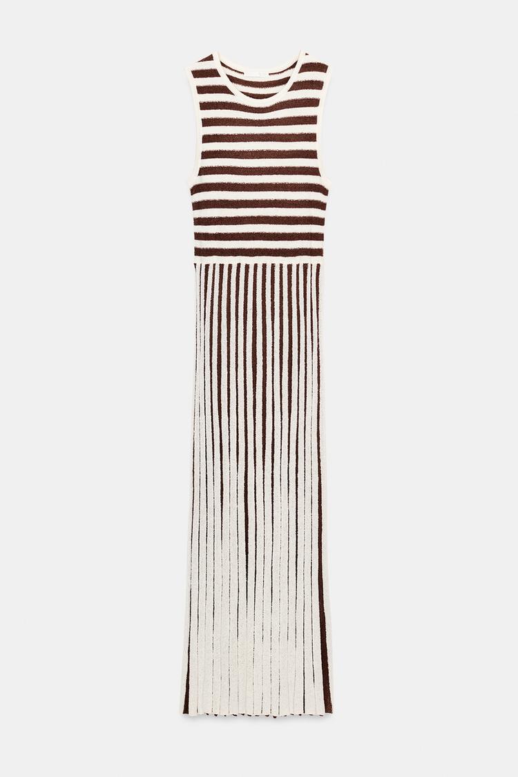 LONG TEXTURED PLEATED STRIPED DRESS