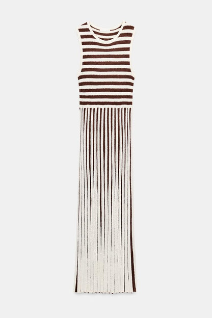 LONG TEXTURED PLEATED STRIPED DRESS