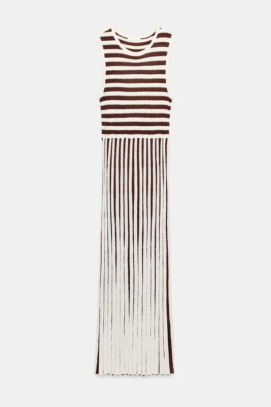 LONG TEXTURED PLEATED STRIPED DRESS