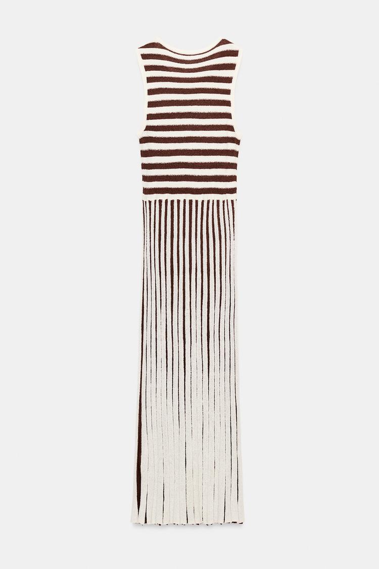 LONG TEXTURED PLEATED STRIPED DRESS