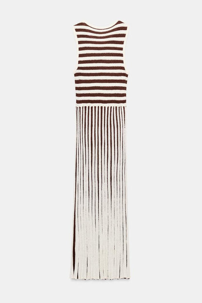 LONG TEXTURED PLEATED STRIPED DRESS