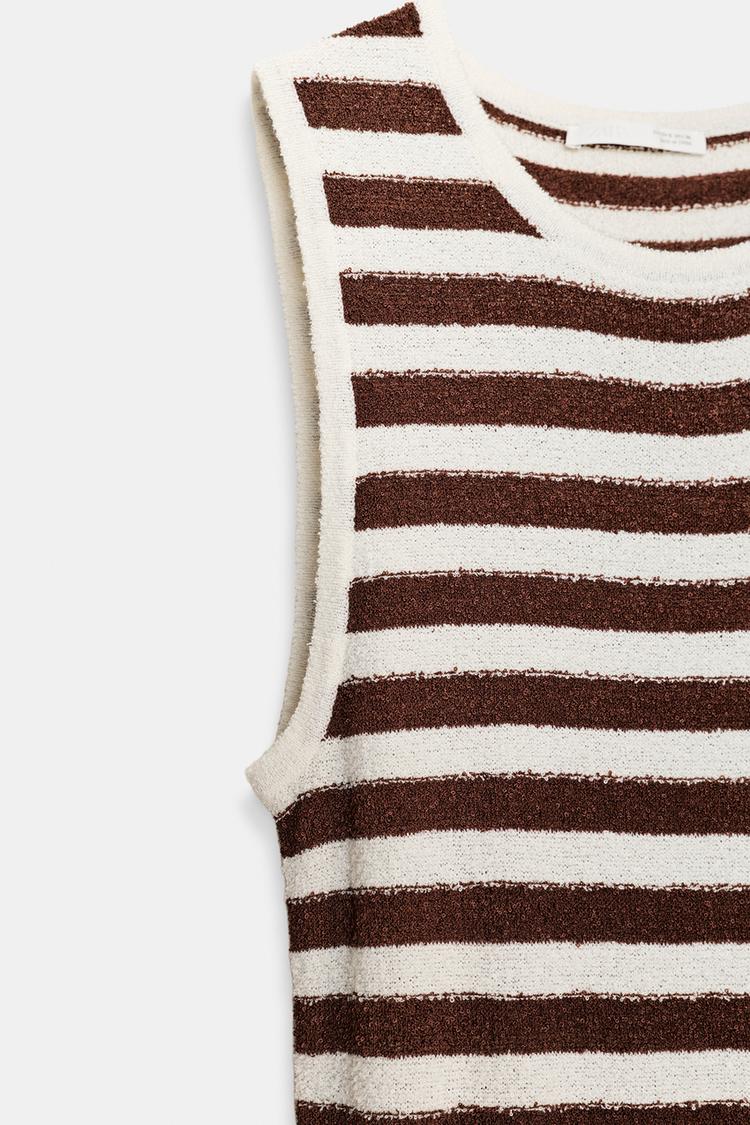LONG TEXTURED PLEATED STRIPED DRESS