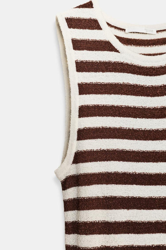 LONG TEXTURED PLEATED STRIPED DRESS