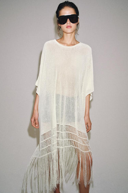FRINGED KNIT TUNIC COVER-UP