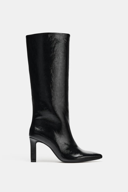 FAUX PATENT HEELED BOOTS