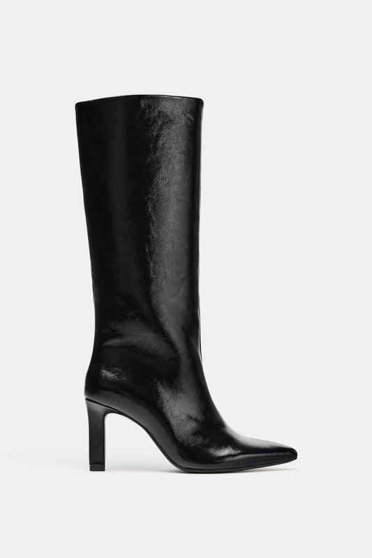 FAUX PATENT HEELED BOOTS