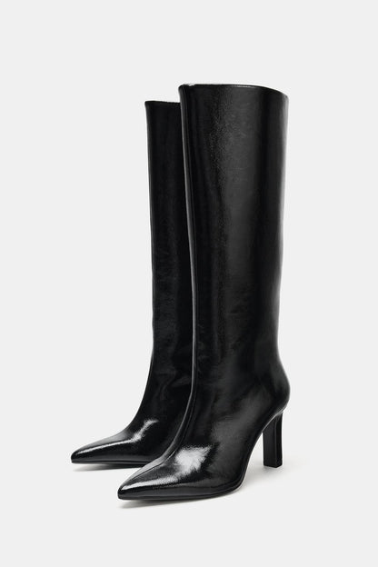 FAUX PATENT HEELED BOOTS