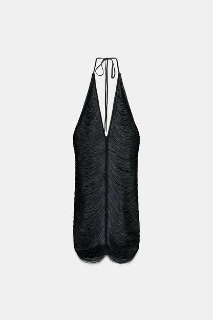 SHORT HALTERNECK DRESS WITH FRINGING
