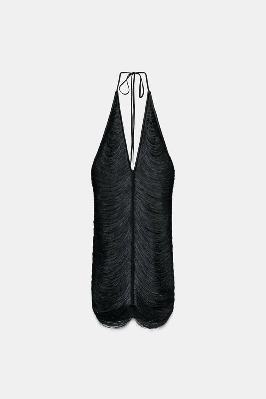 SHORT HALTERNECK DRESS WITH FRINGING